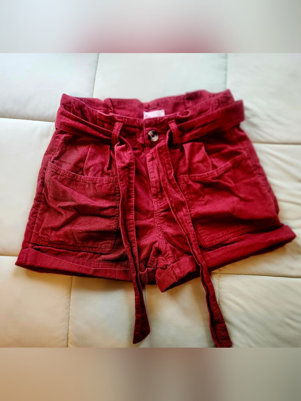 SO Corduroy Tie-Belt Shorts — Burgundy